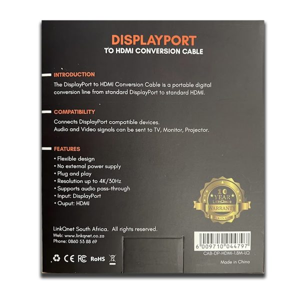 LinkQnet 1.8m 4K DisplayPort 1.2 Male to HDMI Male Cable - Image 3